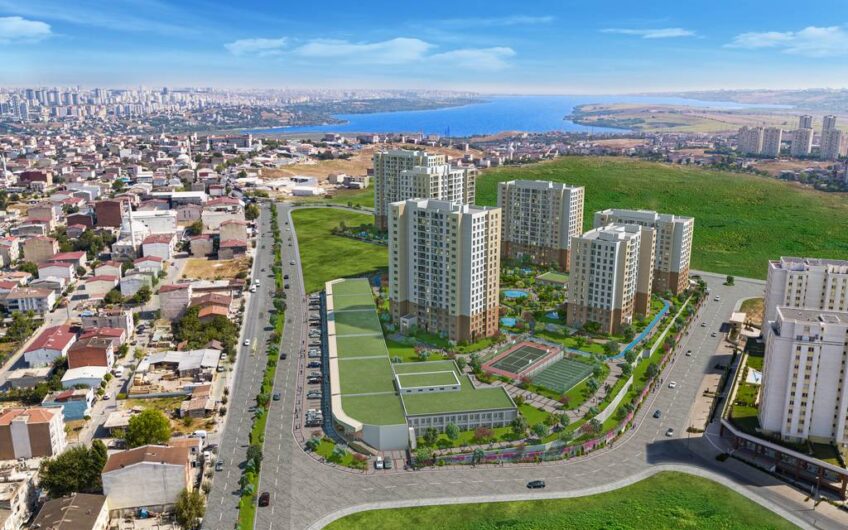 Modern residential project in Istanbul surrounded by green landscaped gardens, sea and Kucukcekmece lake